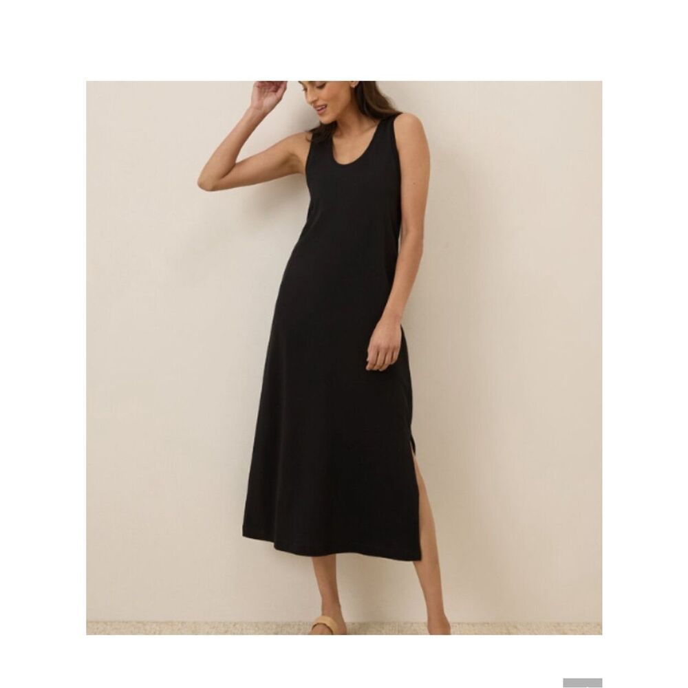 Pact Organic Cotton Black Maxi Dress Razorback with Slit in Back Small